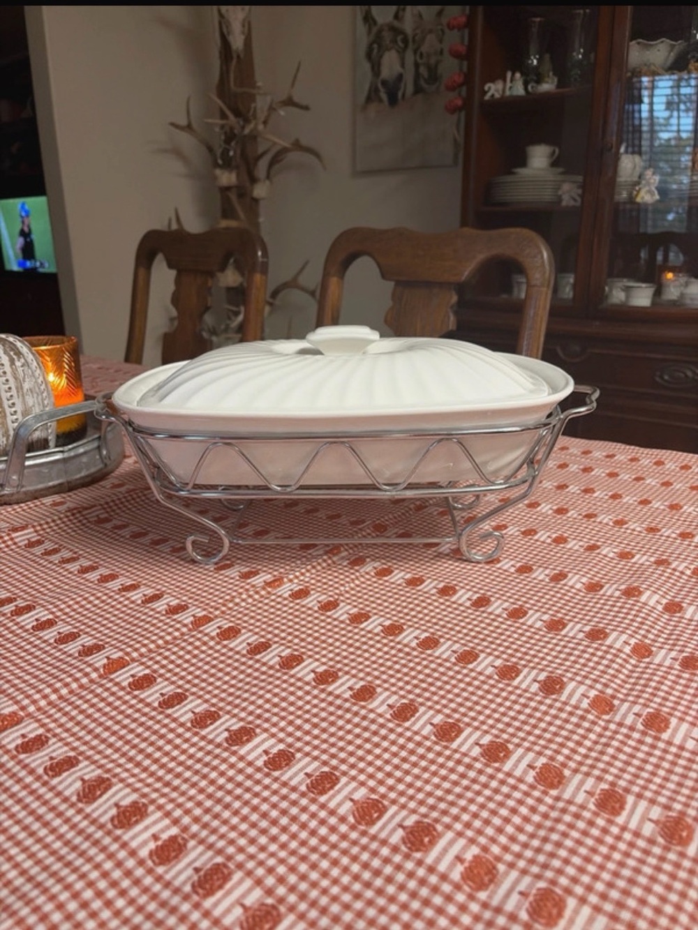 White Ceramic Covered Casserole with Chrome Serving Stand